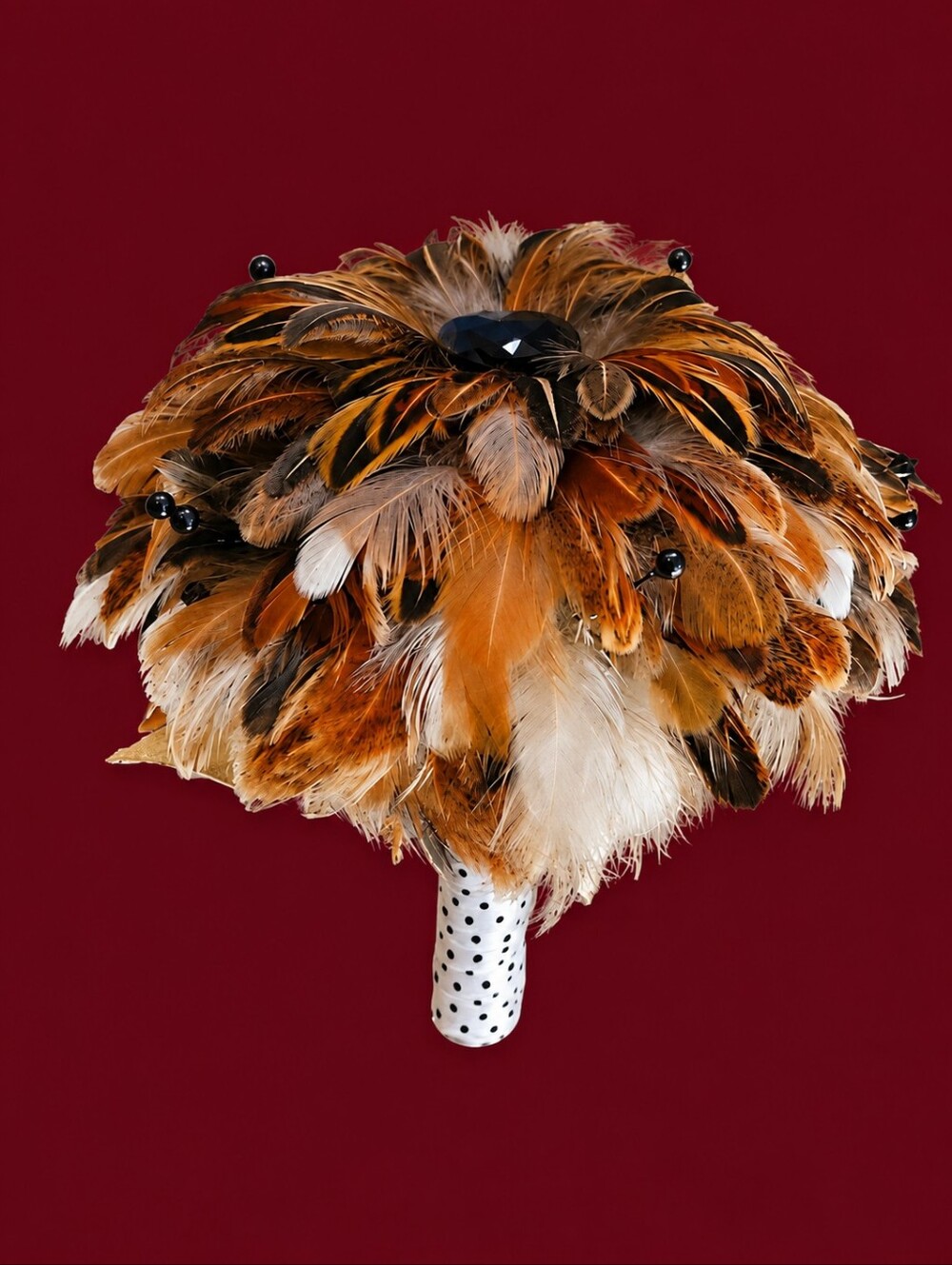 HANDMADE Artisan Orange and Black Feather Pearl Bridal Boquet FIRM PRICE
